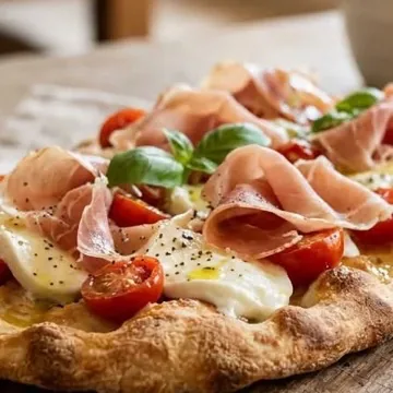 Pinsa Dama Bianca mit Büffelmozzarella und Parmaschinken