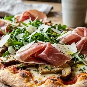 Pinsa Toscanini mit Steinpilzen und Rohschinken